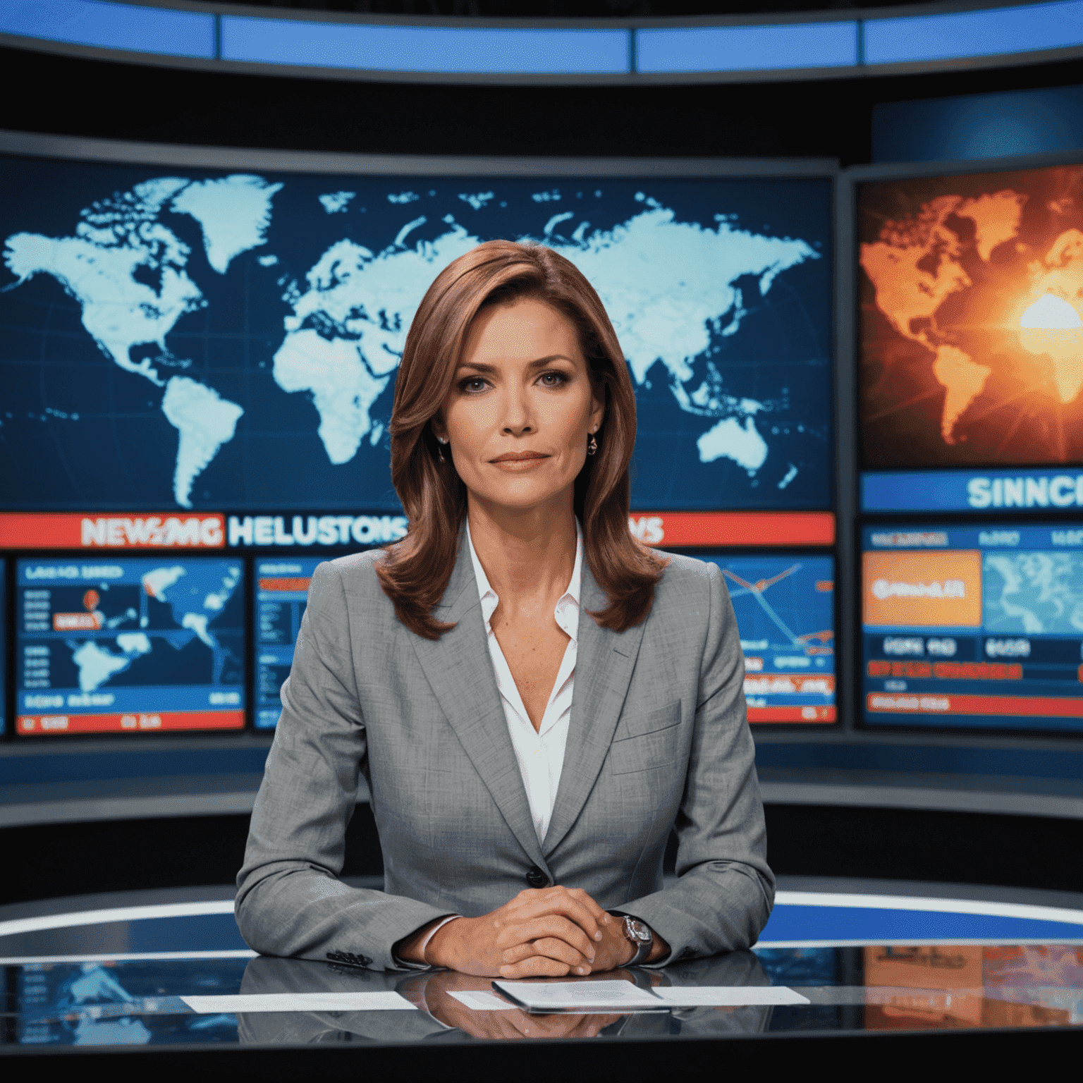Imagen de noticias de última hora mostrando un presentador de noticias en un estudio de televisión con pantallas de fondo que muestran eventos globales