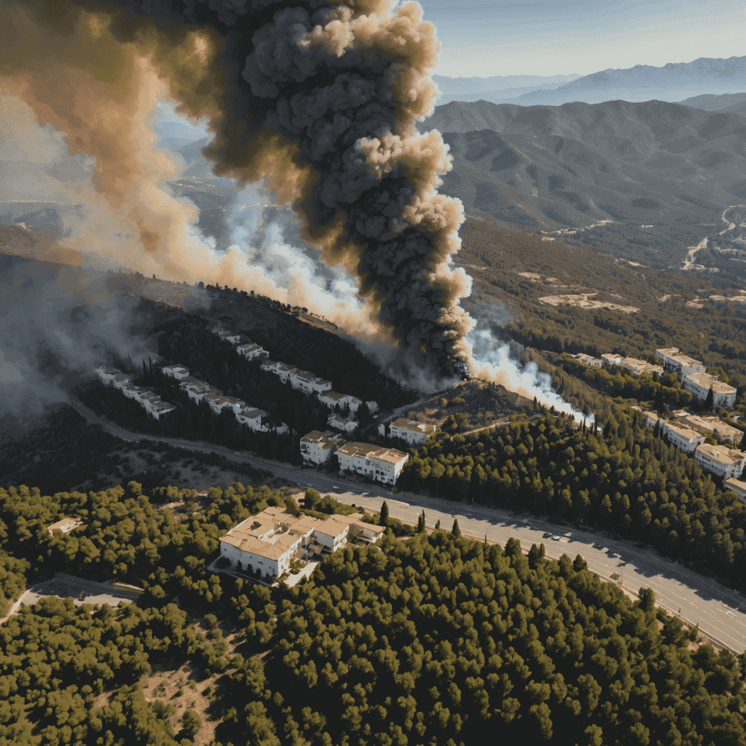 Vista aérea del incendio forestal en la Costa del Sol, mostrando una gran columna de humo elevándose sobre un paisaje montañoso y boscoso