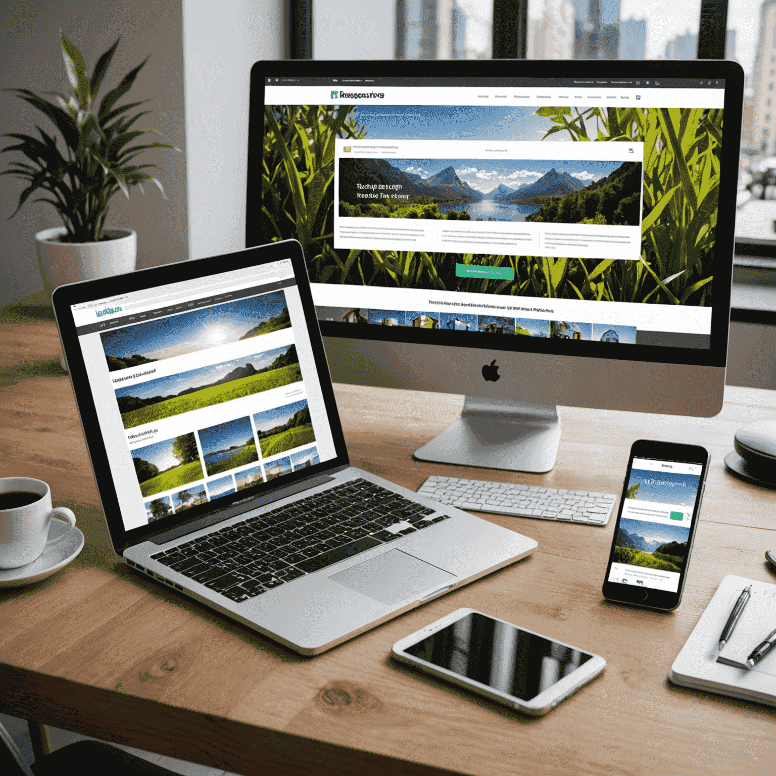Imagen que muestra un diseño web responsivo en diferentes dispositivos: computadora de escritorio, tableta y teléfono móvil. El diseño se adapta perfectamente a cada pantalla, ilustrando la flexibilidad del diseño web responsivo.