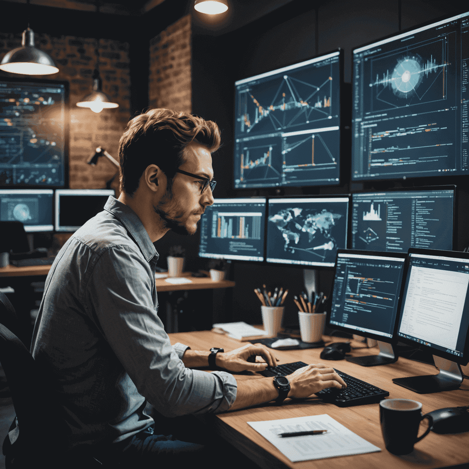 Imagen de un desarrollador web trabajando en un código en su computadora, rodeado de diagramas de estructura de sitios web y diseños de interfaz de usuario