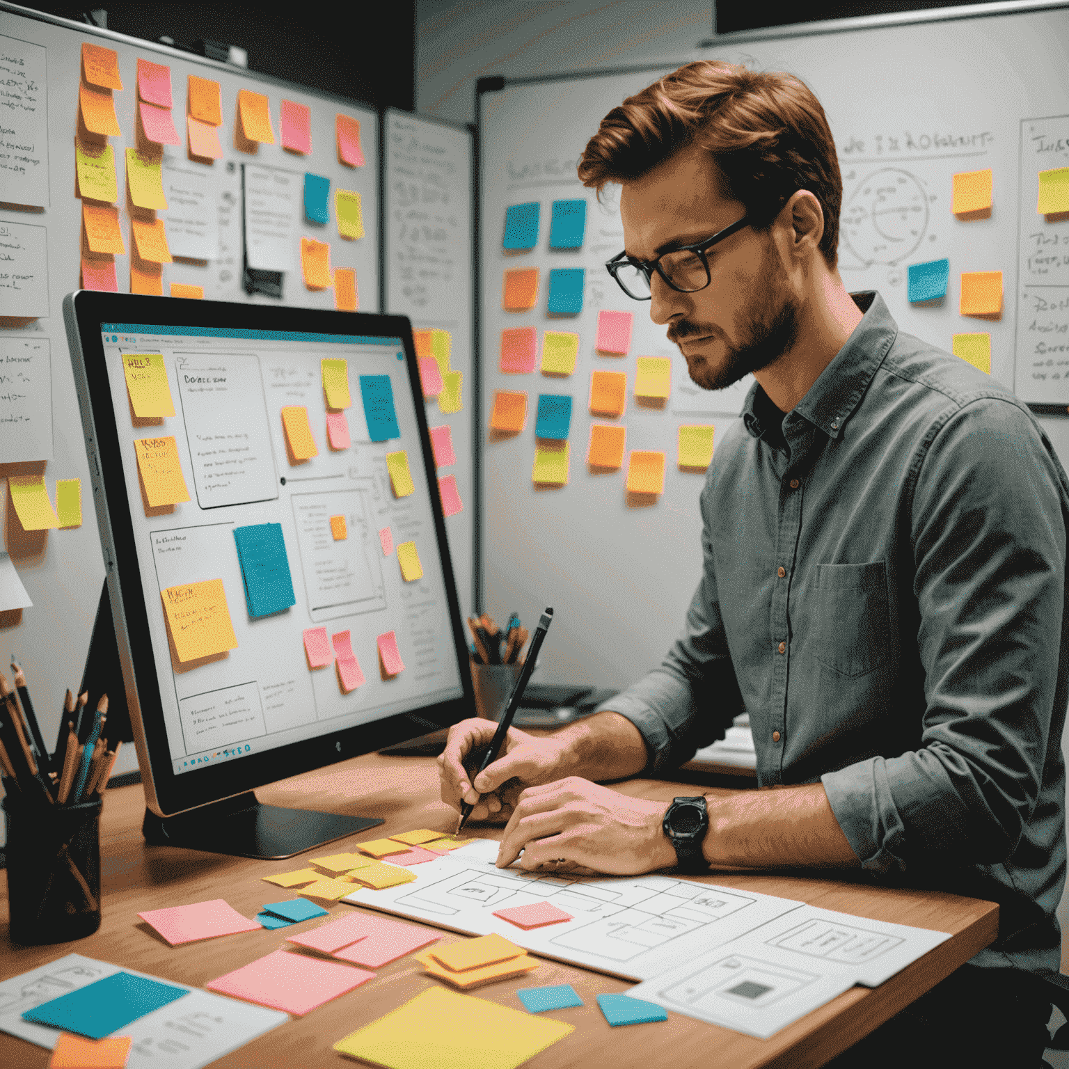 Imagen que muestra a un diseñador UX/UI trabajando en un prototipo de aplicación móvil en una tableta gráfica. El diseñador está rodeado de notas adhesivas con ideas de diseño y diagramas de flujo de usuario en una pizarra blanca cercana.
