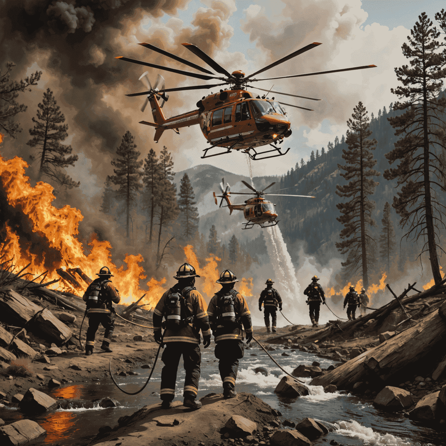 Bomberos combatiendo el fuego en un terreno escarpado, con helicópteros lanzando agua desde el aire