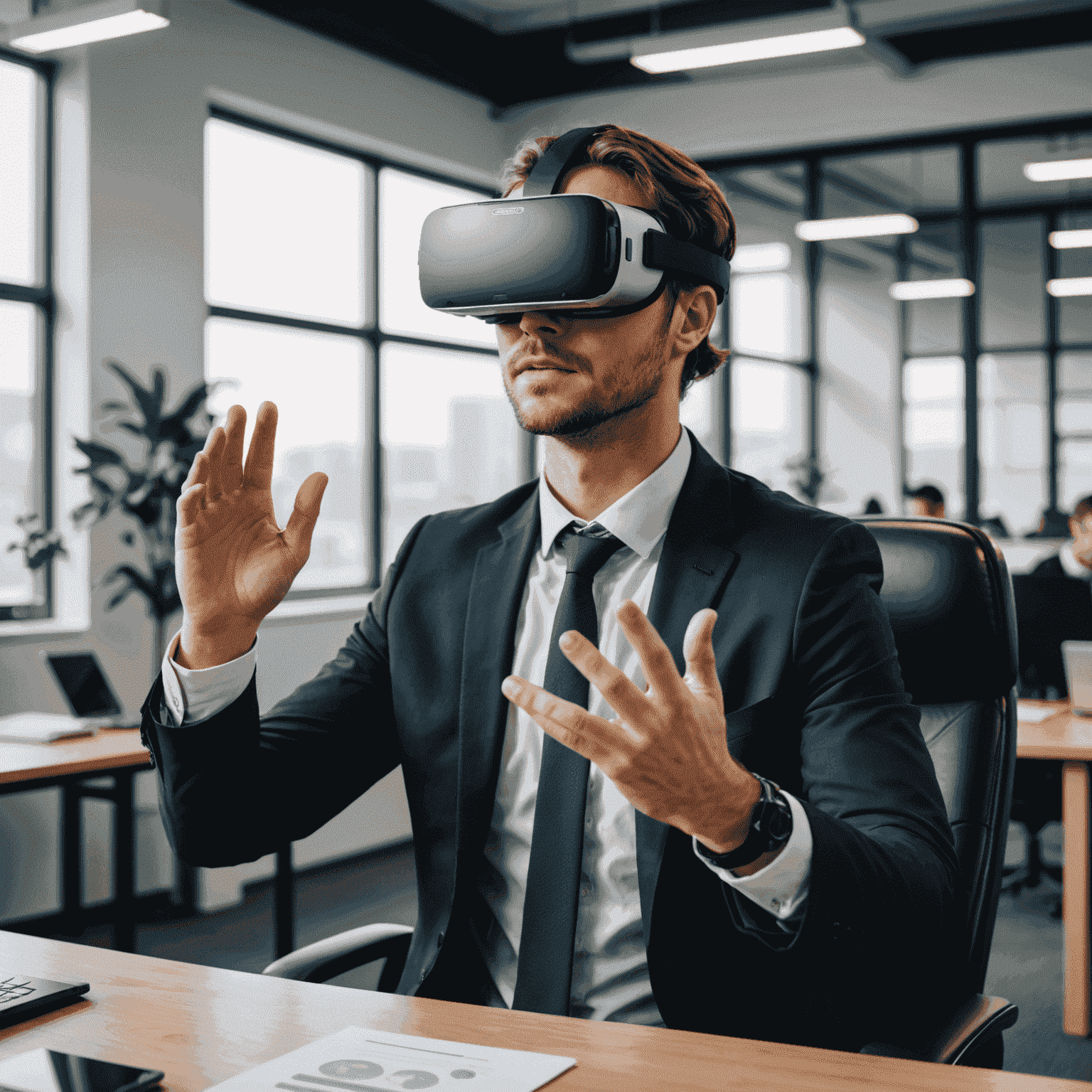 Persona utilizando gafas de realidad virtual en un entorno de oficina, demostrando el uso de VR en capacitación corporativa