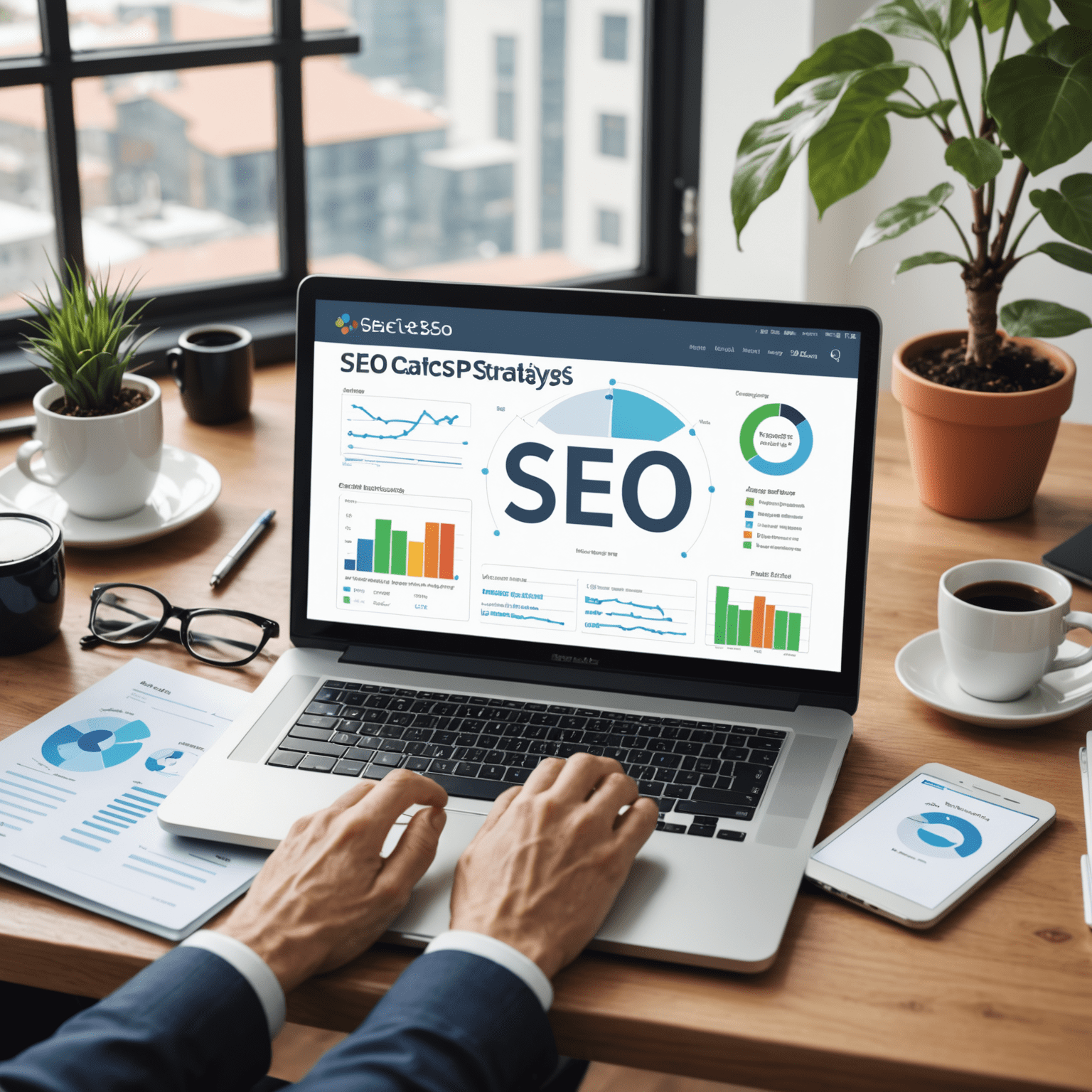 Imagen que ilustra varios elementos de SEO como gráficos de ranking, palabras clave y análisis de tráfico web. La imagen muestra una pantalla de computadora con estos elementos para representar las estrategias modernas de SEO.