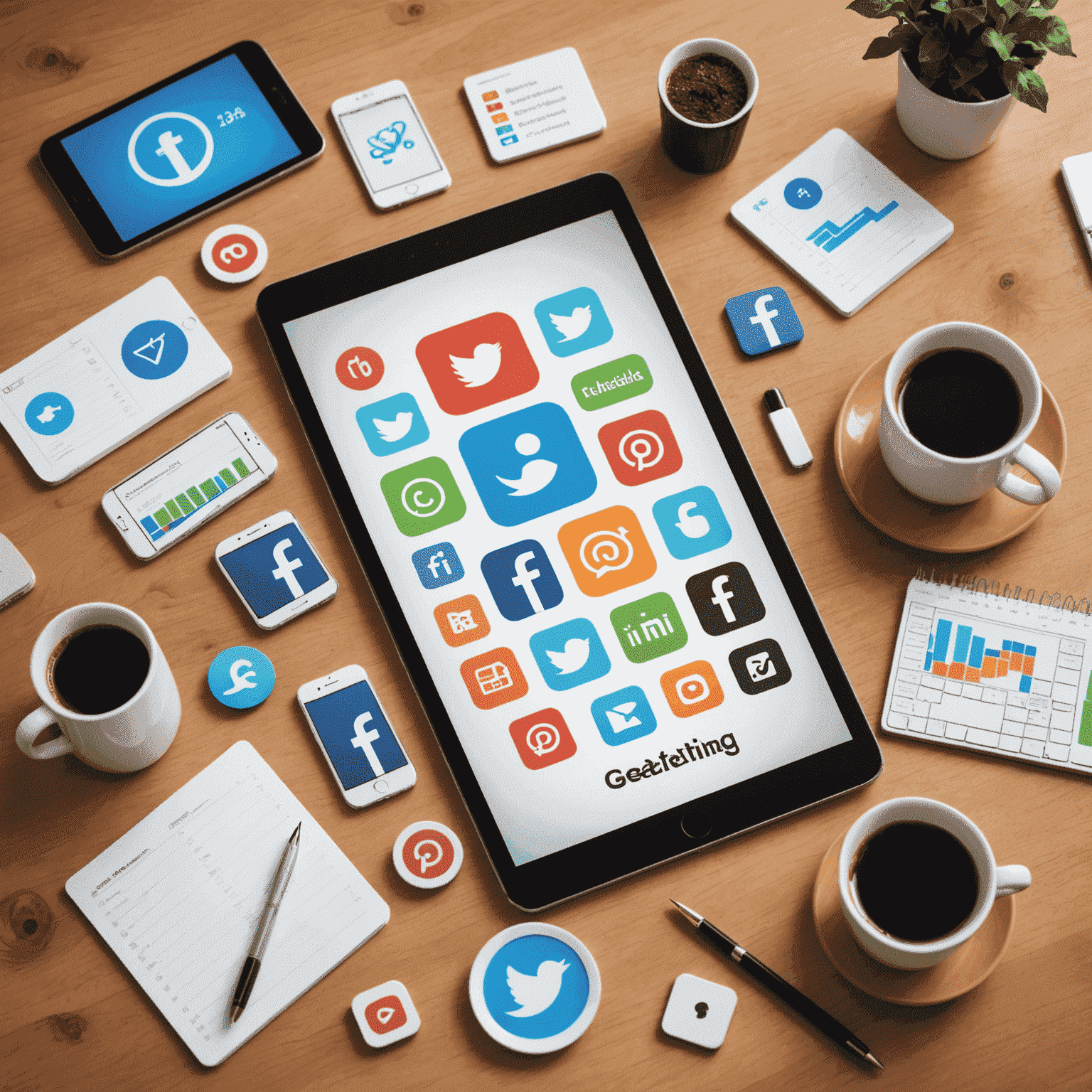 Imagen que muestra iconos de redes sociales, gráficos de crecimiento y dispositivos móviles, representando el marketing digital