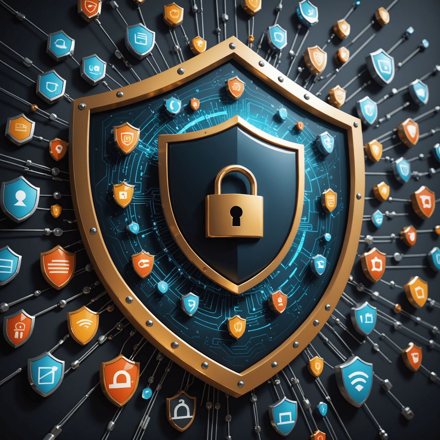 Imagen que representa la ciberseguridad con un escudo protegiendo una red de computadoras y datos. Incluye iconos de candados, firewalls y protección contra virus para ilustrar los diversos aspectos de la seguridad en línea.