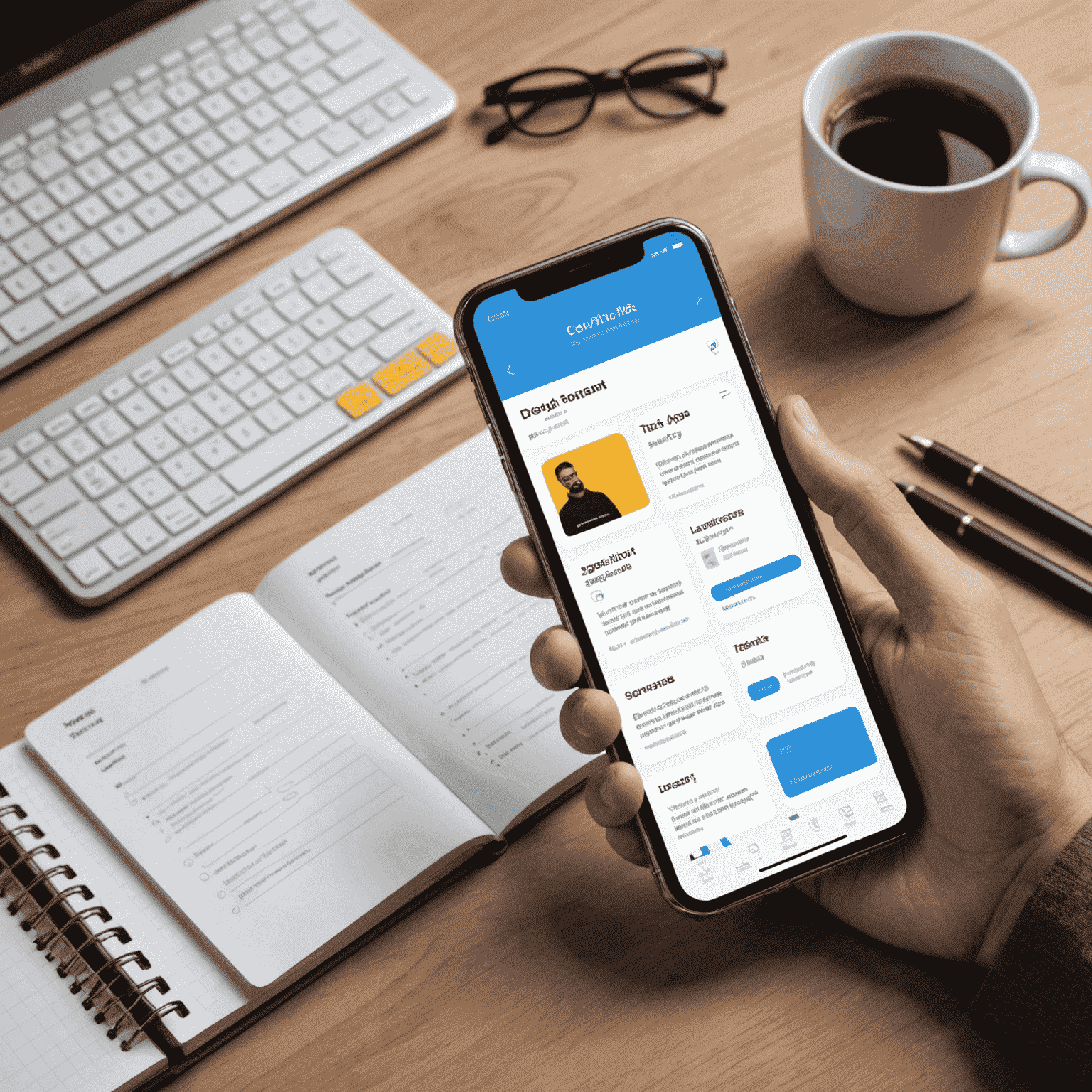 Imagen que muestra el proceso de desarrollo de una aplicación móvil, desde la fase de ideación hasta el lanzamiento. Incluye mockups de diseño, código en una pantalla y la app final en un smartphone.