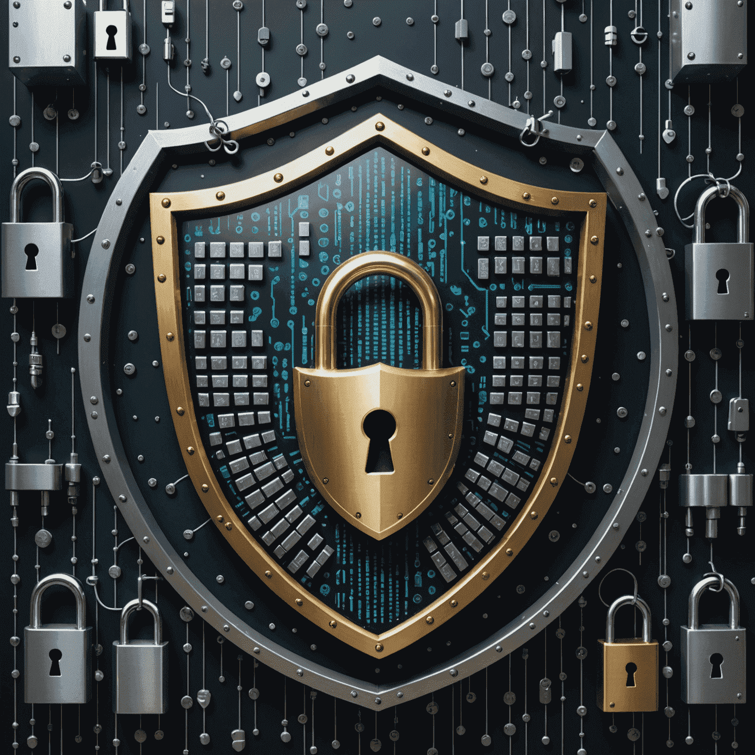 Imagen que muestra un escudo, candados y código binario, representando la ciberseguridad